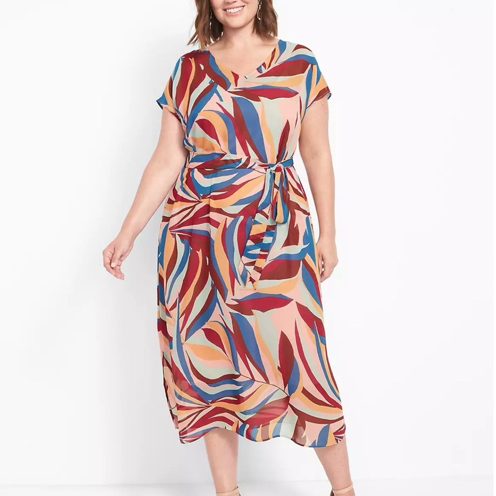 Lane Bryant Midi Dress Multicolor Flowy V-Neck Short Sleeves Chiffon Women’s 18